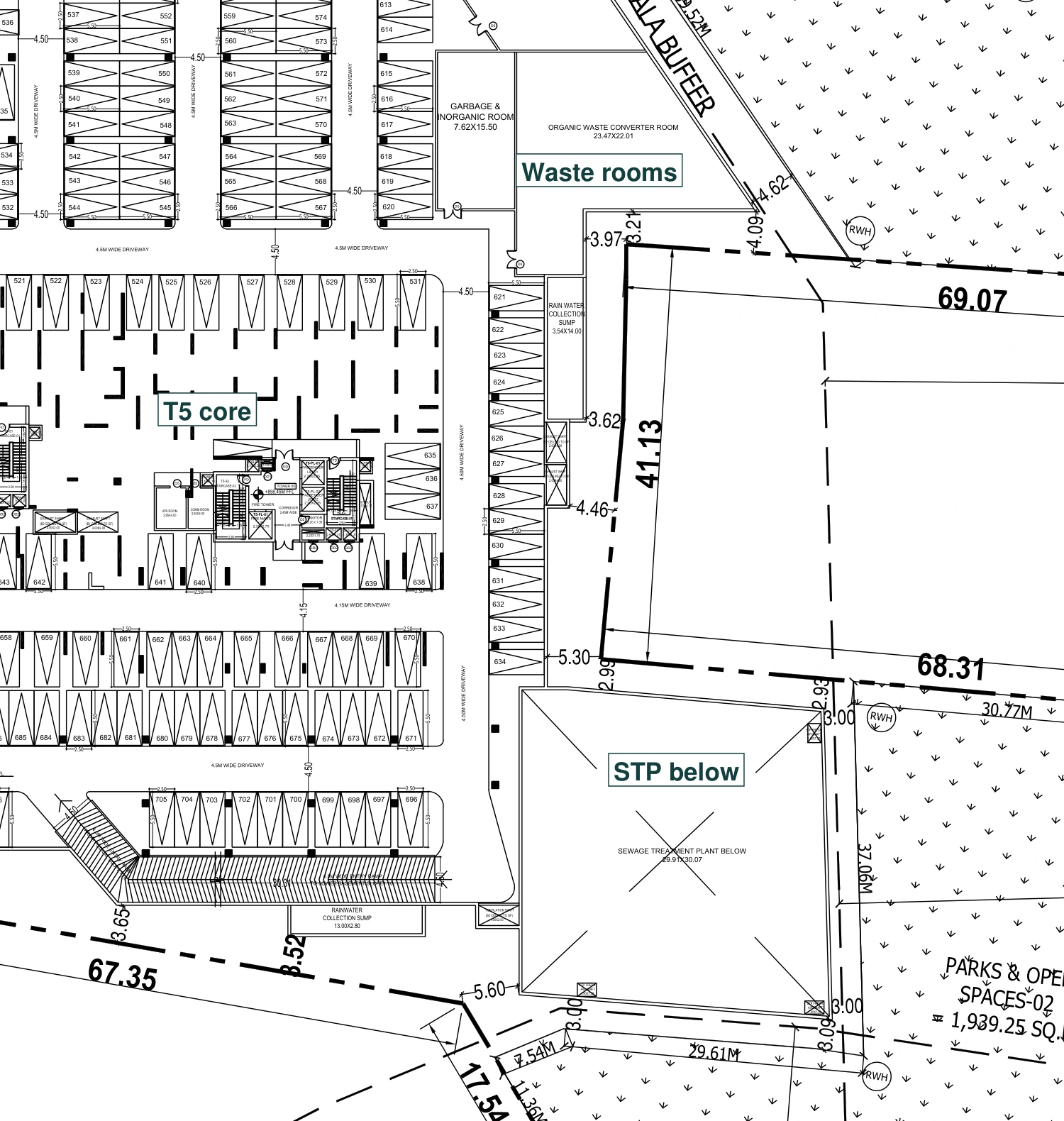 Annotated sanctioned basement plan locating Tower 5, waste rooms and the sewage-treatment room below